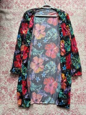 Tropical Floral Sheer Swim Coverup - Black with Multicolor Hibiscus